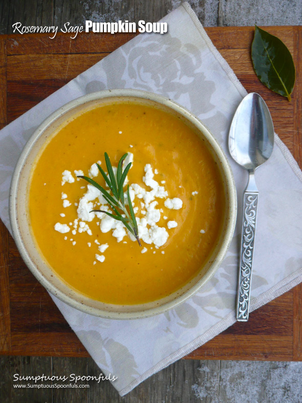 Creamy Rosemary Sage Pumpkin Soup ~ Sumptuous Spoonfuls #creamy #savory #pumpkin #soup #recipe