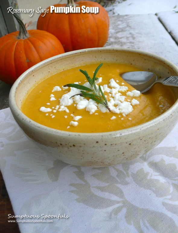 Creamy Rosemary Sage Pumpkin Soup ~ Sumptuous Spoonfuls #creamy #savory #pumpkin #soup #recipe