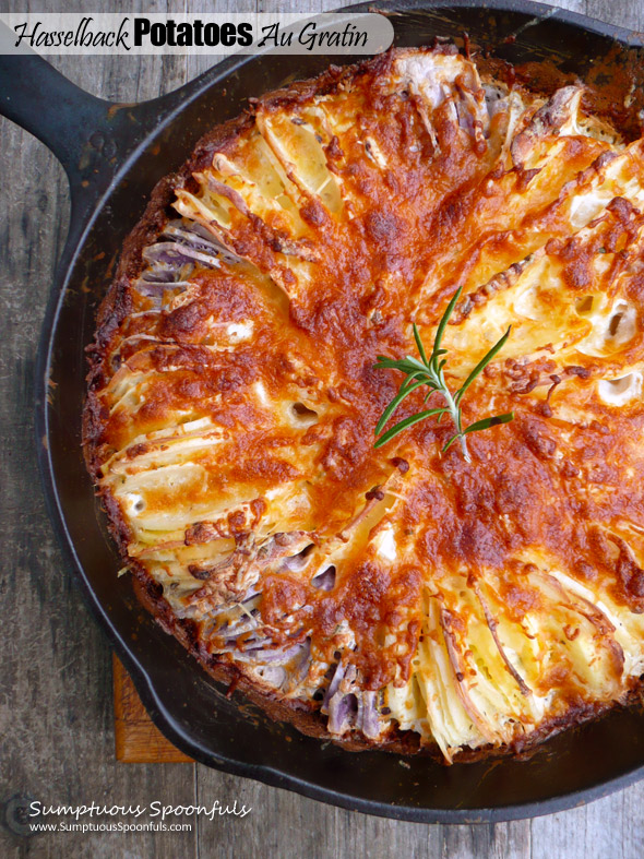 Hasselback Potatoes Au Gratin ~ Sumptuous Spoonfuls #healthier #scalloped #potato #hasselback #recipe