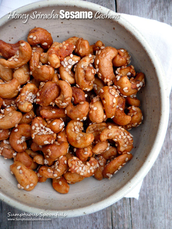 Honey Sriracha Sesame Cashews ~ Sumptuous Spoonfuls #spiced #nut #recipe