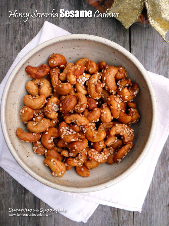 Honey Sriracha Sesame Cashews ~ Sumptuous Spoonfuls #spiced #nut #recipe