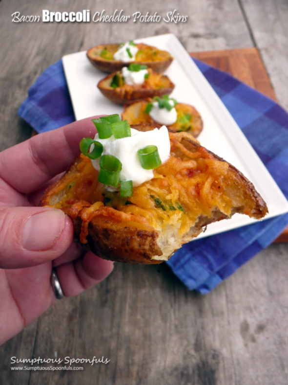 Bacon Broccoli Cheddar Potato Skins ~ Sumptuous Spoonfuls #gameday #baked #healthier #potato #skins #recipe