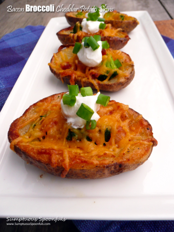 Bacon Broccoli Cheddar Potato Skins ~ Sumptuous Spoonfuls #gameday #baked #healthier #potato #skins #recipe