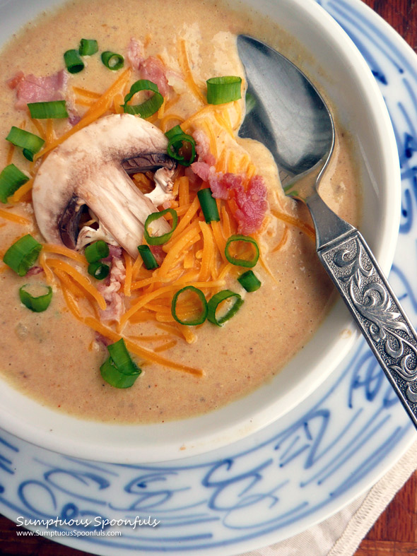 Bacon Mushroom Baked Potato Soup ~ Sumptuous Spoonfuls #mushroom #potato #soup #recipe