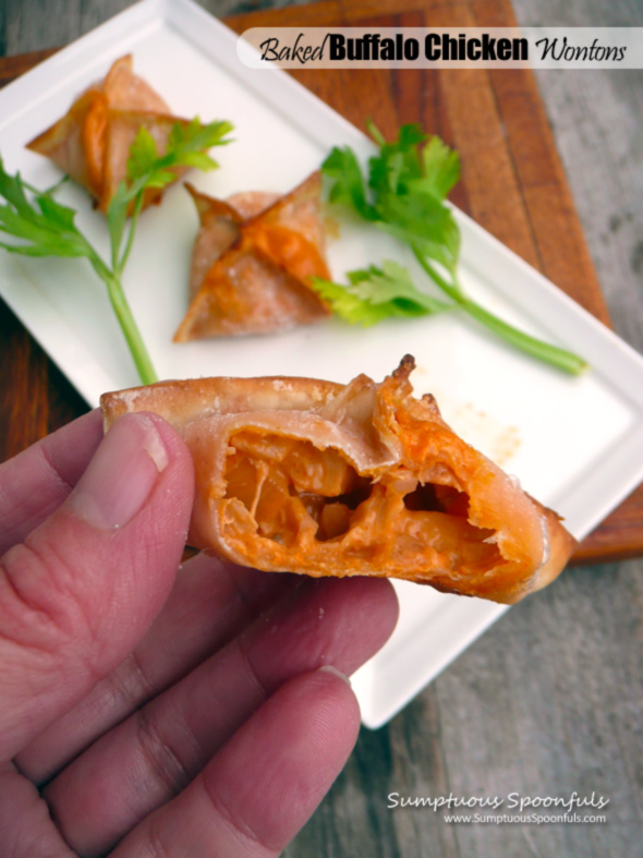 Baked Buffalo Chicken Wontons ~ Sumptuous Spoonfuls #buffalochicken #appetizer #recipe