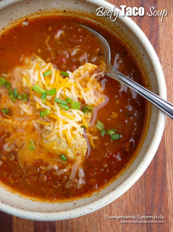 Beefy Taco Soup ~ Sumptuous Spoonfuls #beef #taco #Mexican #soup #recipe