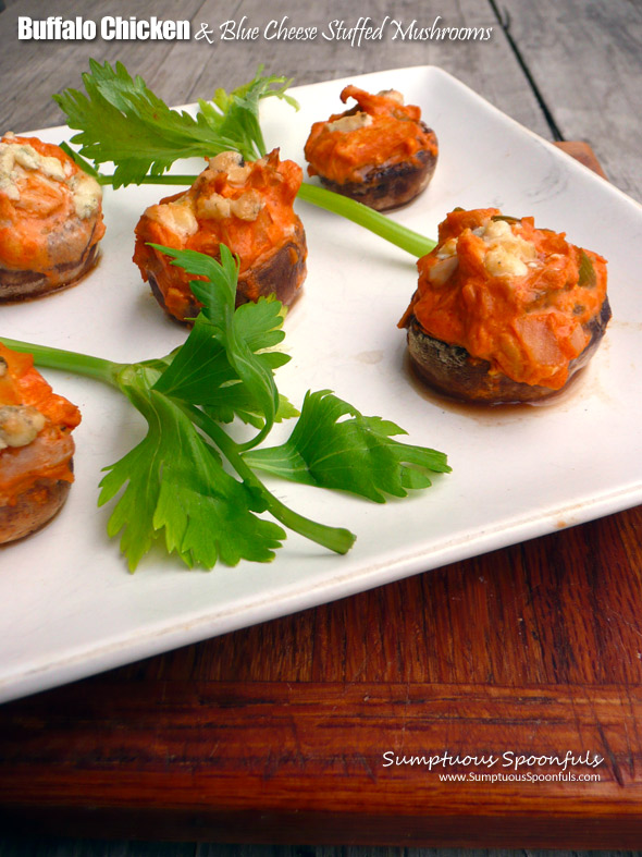 #Buffalo #Chicken & #BlueCheese Stuffed Mushrooms ~ Sumptuous Spoonfuls #easy #appetizer #recipe