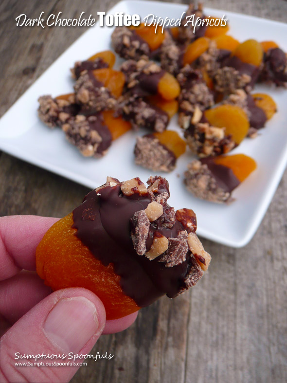 Dark Chocolate Dipped Toffee Apricots ~ Sumptuous Spoonfuls #healthy #dessert #recipe