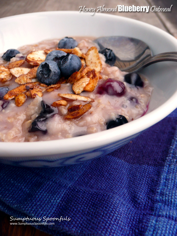 Honey Almond Blueberry Oatmeal ~ Sumptuous Spoonfuls #healthy #quick #hot #blueberry #breakfast #recipe