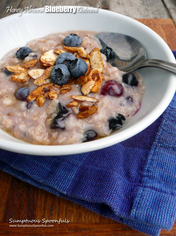 Honey Almond Blueberry Oatmeal ~ Sumptuous Spoonfuls #healthy #quick #hot #blueberry #breakfast #recipe