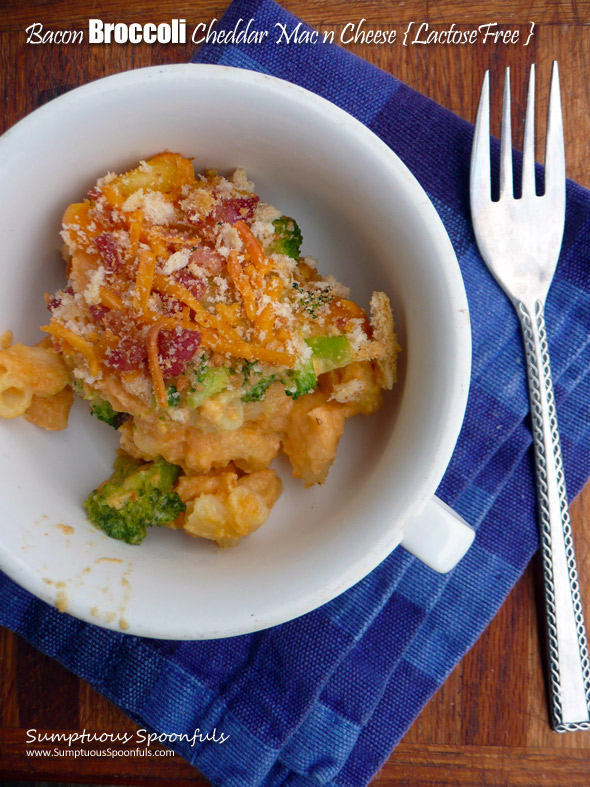 Lactose Free Bacon Broccoli Cheddar Macaroni & Cheese ~ Sumptuous Spoonfuls #lactosefree #healthy #mac&cheese #comfortfood #recipe