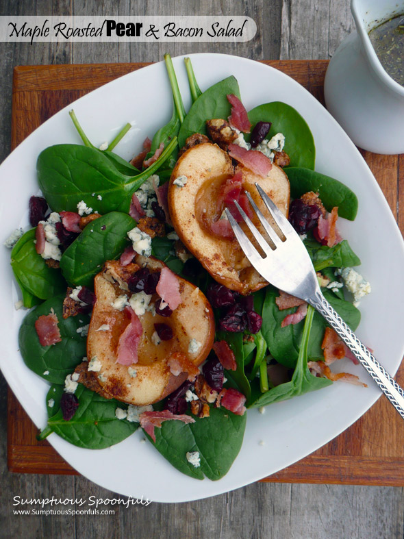 Maple Roasted Pear & Bacon Salad with cranberries, candied walnuts & blue cheese and a maple dijon white wine vinaigrette ~ Sumptuous Spoonfuls #roasted #pear #bacon #salad #recipe