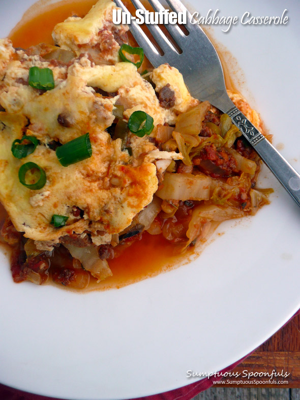 Un-Stuffed Cabbage Casserole ~ Sumptuous Spoonfuls #beefy #cabbageroll #casserole #recipe