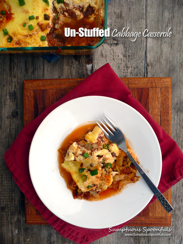 Un-Stuffed Cabbage Casserole ~ Sumptuous Spoonfuls #beefy #cabbageroll #casserole #recipe