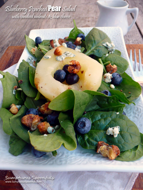 Blueberry Poached Pear Salad with Candied Walnuts, Blue Cheese & a Raspberry Malbec Vinaigrette ~ Sumptuous Spoonfuls #gourmet #pear #salad #recipe