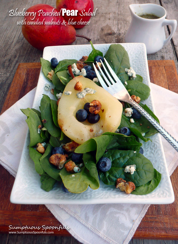 Blueberry Poached Pear Salad with Candied Walnuts, Blue Cheese & a Raspberry Malbec Vinaigrette ~ Sumptuous Spoonfuls #gourmet #pear #salad #recipe