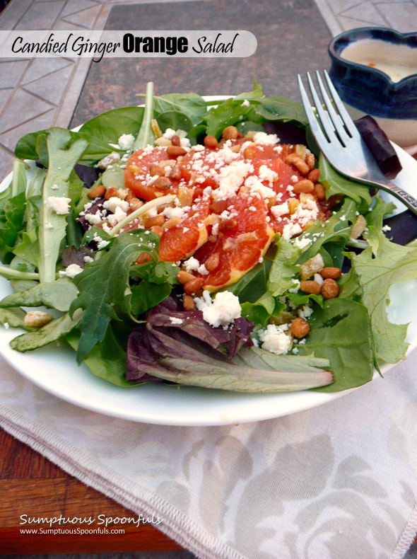 Candied Ginger Orange Salad with Feta, Pinons & a Maple Orange Ginger Yogurt Dressing