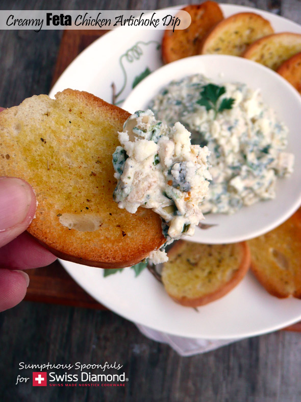 Creamy Feta Chicken Artichoke Dip & Induction Cooking with Swiss Diamond Cookware ~ Sumptuous Spoonfuls #hot #creamy #chicken #feta #artichoke #dip #recipe