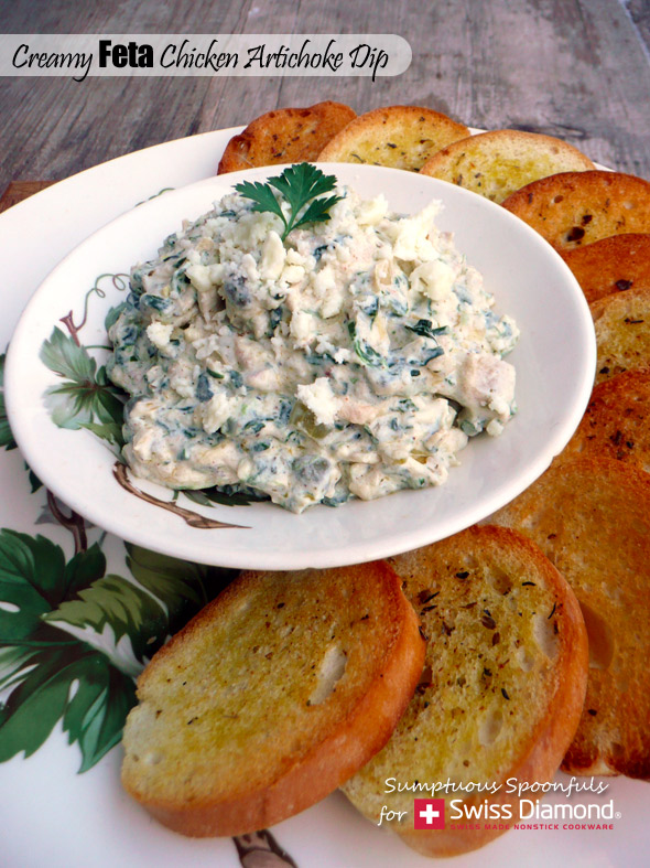 Creamy Feta Chicken Artichoke Dip & Induction Cooking with Swiss Diamond Cookware ~ Sumptuous Spoonfuls #hot #creamy #chicken #feta #artichoke #dip #recipe