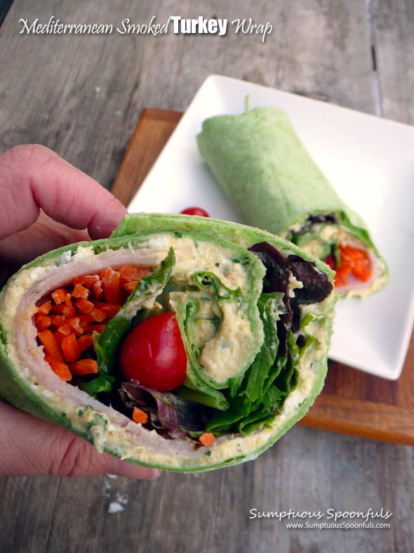 Mediterranean Smoked Turkey Wrap ~ Sumptuous Spoonfuls #quick #healthy #lunchbox #wrap #recipe