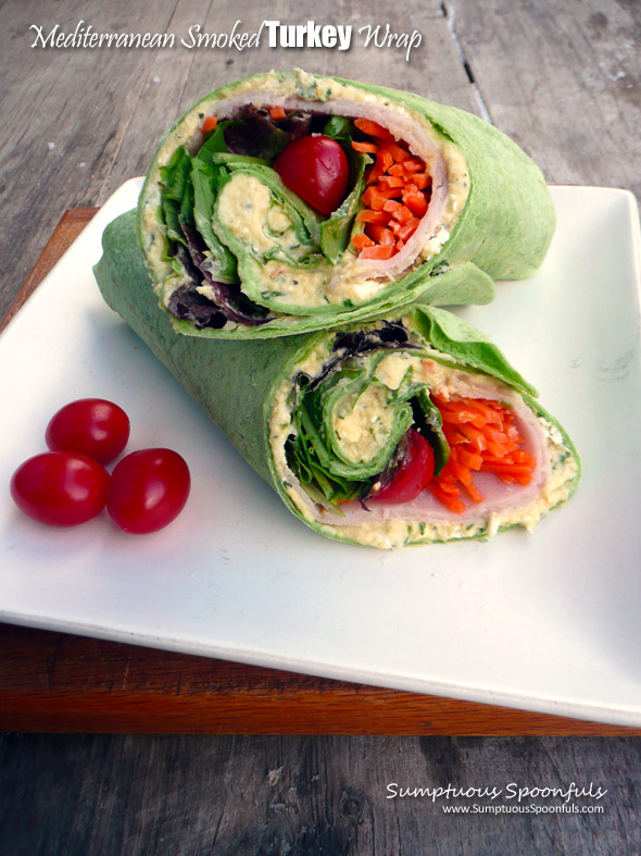 Mediterranean Smoked Turkey Wrap ~ Sumptuous Spoonfuls #quick #healthy #lunchbox #wrap #recipe