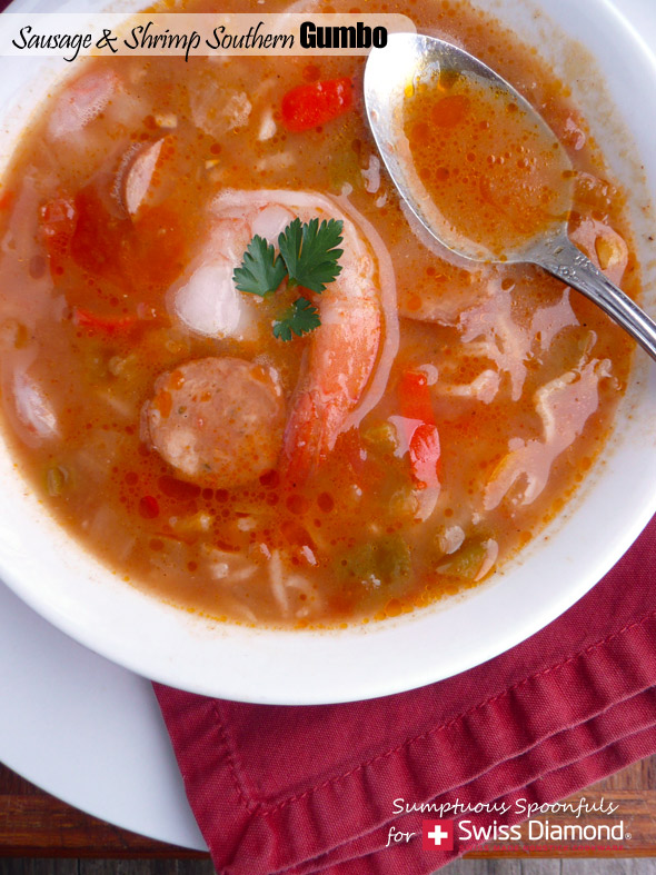 Shrimp & Sausage Southern Gumbo ~ Sumptuous Spoonfuls #shrimp #sausage #gumbo #mardigras #soup #recipe