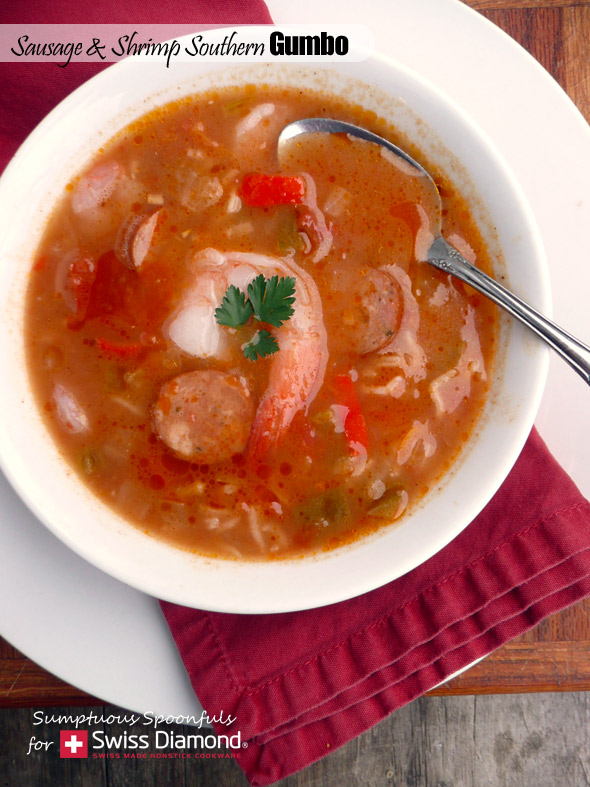 Shrimp & Sausage Southern Gumbo ~ Sumptuous Spoonfuls #shrimp #sausage #gumbo #mardigras #soup #recipe