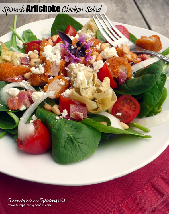 Spinach Artichoke Chicken Salad with Bacon, Feta, Pinons & a Sundried Tomato Ranch Dressing ~ Sumptuous Spoonfuls #chicken #artichoke #salad #recipe