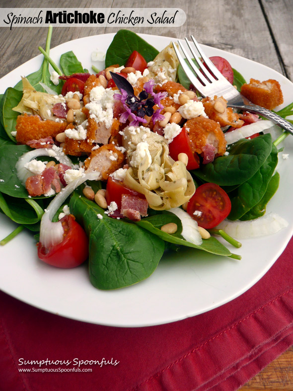 Spinach Artichoke Chicken Salad with Bacon, Feta, Pinons & a Sundried Tomato Ranch Dressing ~ Sumptuous Spoonfuls #chicken #artichoke #salad #recipe