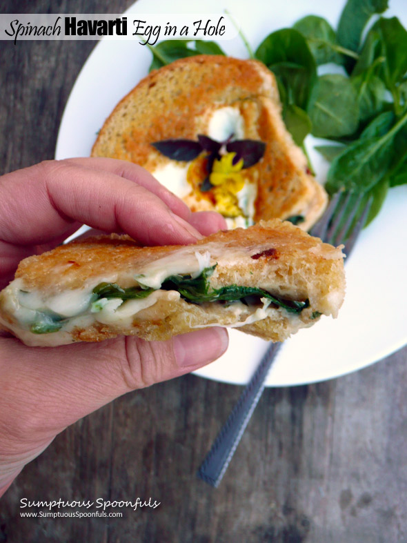 Spinach Havarti Grilled Cheese Egg in a Hole ~ Sumptuous Spoonfuls #grilledcheese #egg #breakfast #recipe