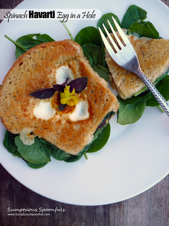 Spinach Havarti Grilled Cheese Egg in a Hole ~ Sumptuous Spoonfuls #grilledcheese #egg #breakfast #recipe