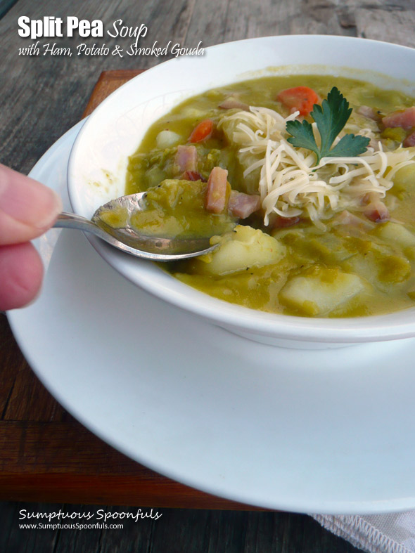 Split Pea Soup with Ham, Potato & Smoked Gouda Cheese ~ Sumptuous Spoonfuls #hearty #splitpea #potato #soup #recipe