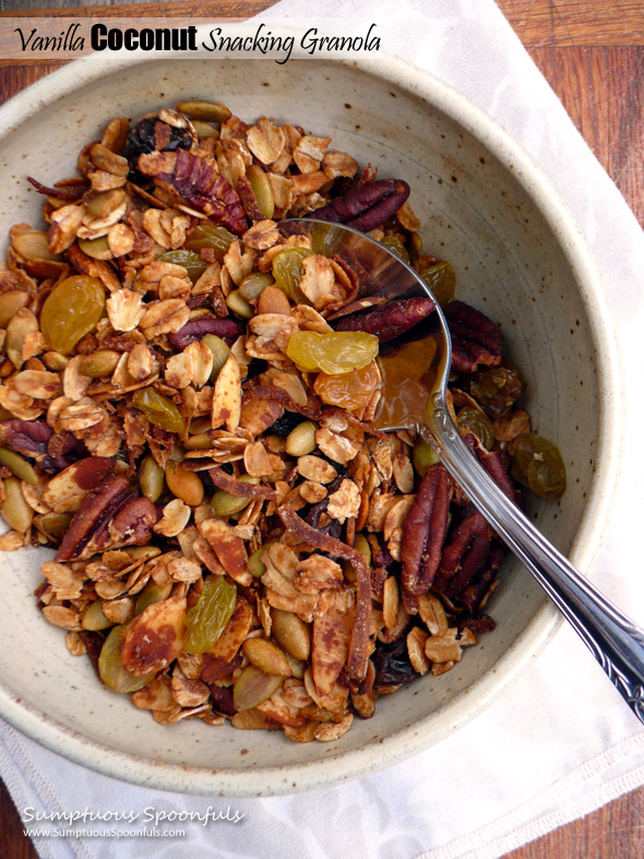 Vanilla Coconut Snacking Granola ~ Sumptuous Spoonfuls #coconutoil #healthy #natural #lowsugar #homemade #granola #recipe