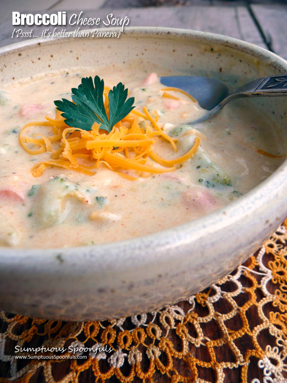 Better than Panera Broccoli Cheese Soup ~ Sumptuous Spoonfuls #copycat #supercreamy #broccoli #cheddar #soup #recipe