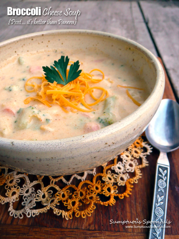 Better than Panera Broccoli Cheese Soup ~ Sumptuous Spoonfuls #copycat #supercreamy #broccoli #cheddar #soup #recipe