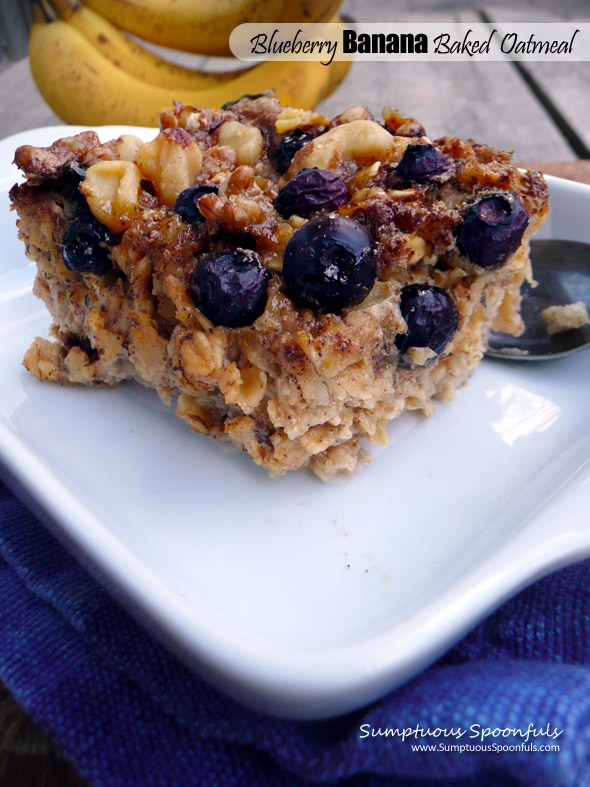 Blueberry Banana Baked Oatmeal with Toasted Walnuts & Maple Syrup ~ Sumptuous Spoonfuls #baked #oatmeal #healthy #decadent #breakfast #recipe