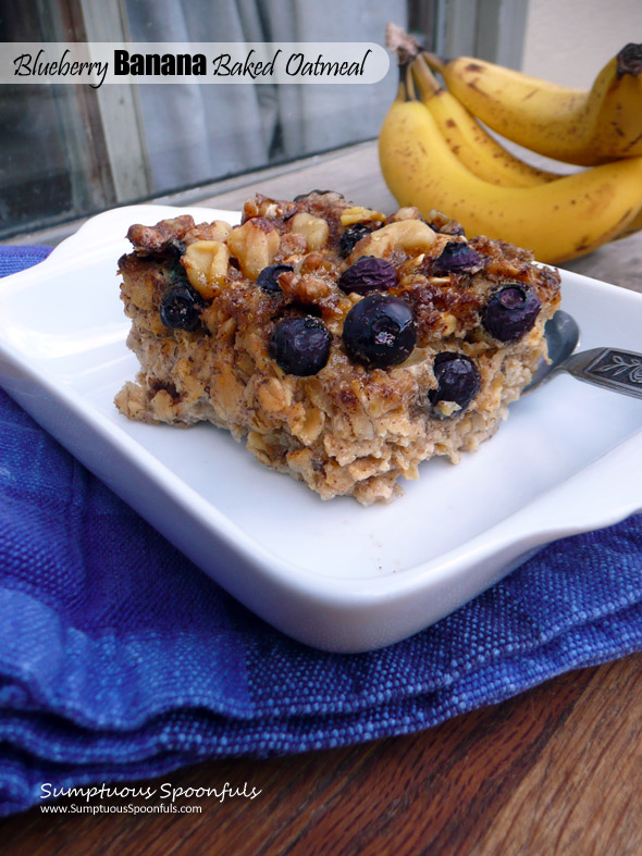 Blueberry Banana Baked Oatmeal with Toasted Walnuts & Maple Syrup ~ Sumptuous Spoonfuls #baked #oatmeal #healthy #decadent #breakfast #recipe