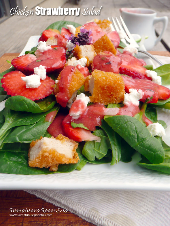 Chicken Strawberry Salad w/Goat Cheese & Roasted Strawberry Vinaigrette ~ Sumptuous Spoonfuls #chicken #strawberry #salad #recipe