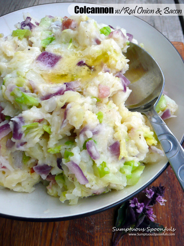 Irish Colcannon with Red Onion & Bacon ~ Sumptuous Spoonfuls #Irish #Potato #Cabbage #Recipe