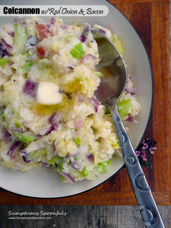 Irish Colcannon with Red Onion & Bacon ~ Sumptuous Spoonfuls #Irish #Potato #Cabbage #Recipe