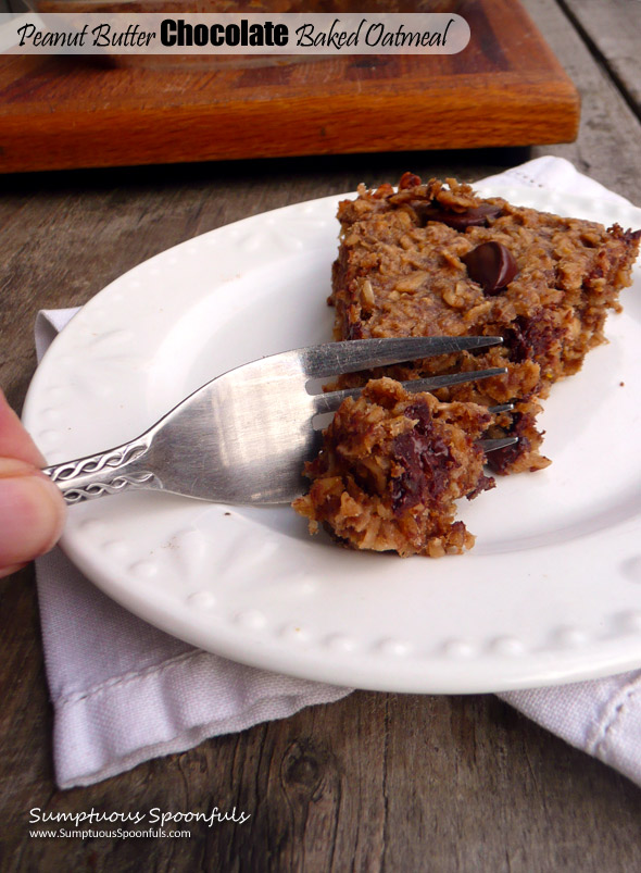 Peanut Butter Chocolate Baked Oatmeal ~ Sumptuous Spoonfuls #cookie #bakedoatmeal #breakfast #recipe