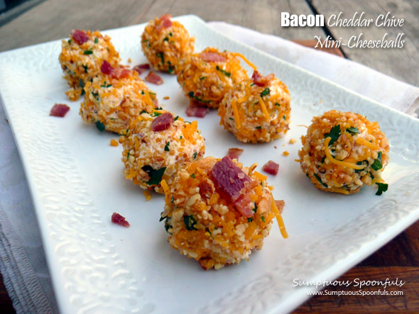 Bacon Cheddar Chive Cheeseballs ~ Sumptuous Spoonfuls #appetizer #snack #party #recipe