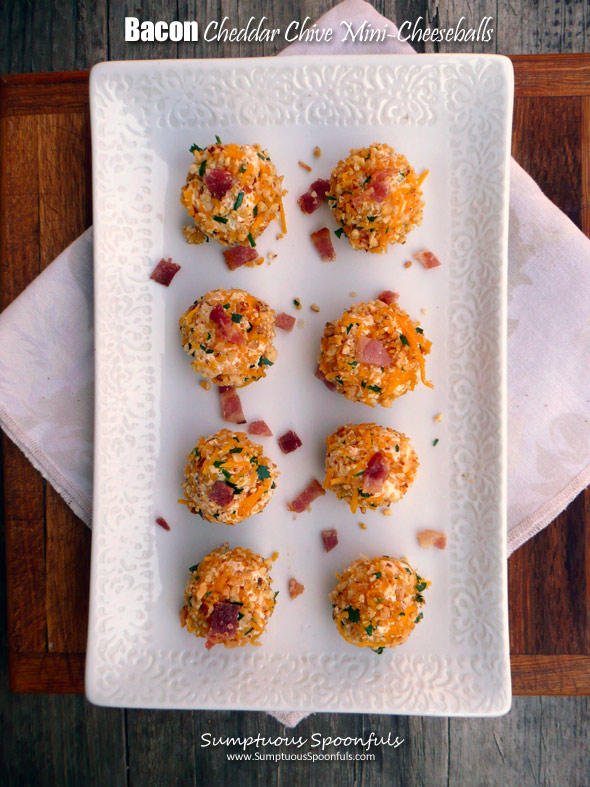 Bacon Cheddar Chive Cheeseballs ~ Sumptuous Spoonfuls #appetizer #snack #party #recipe