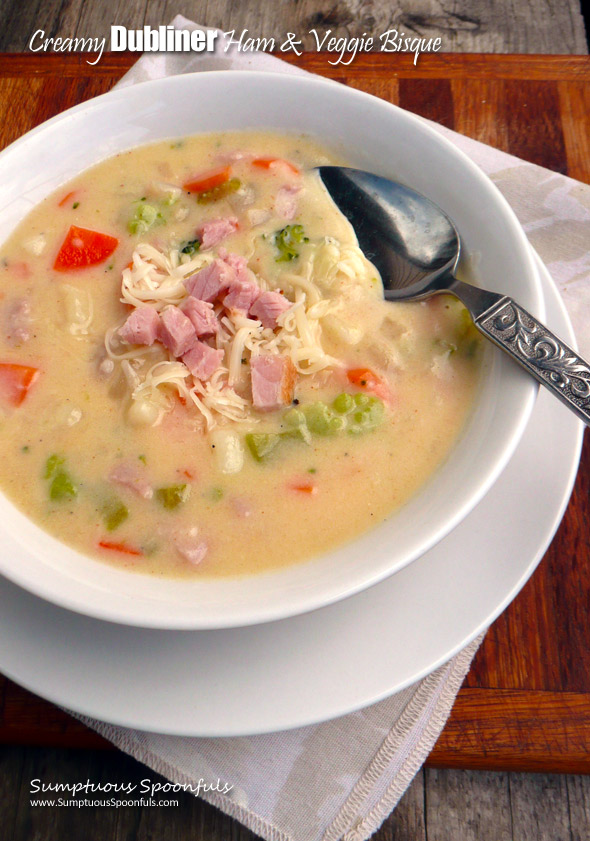 Creamy Dubliner Ham & Veggie Bisque ~ Sumptuous Spoonfuls #cheesy #ham #soup #recipe