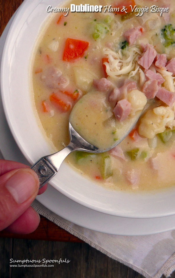 Creamy Dubliner Ham & Veggie Bisque ~ Sumptuous Spoonfuls #cheesy #ham #soup #recipe