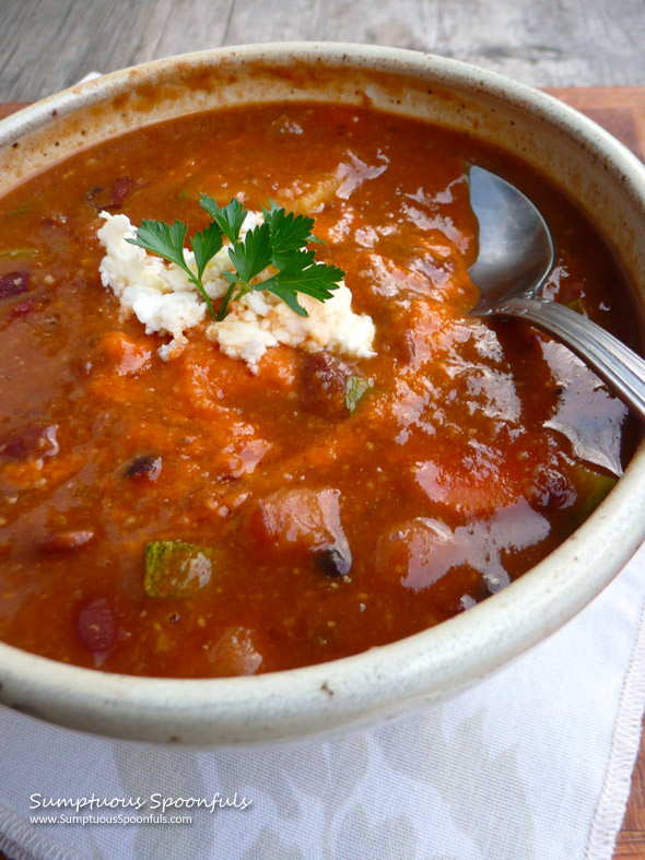 Hearty Romesco Mixed Bean Soup ~ Sumptuous Spoonfuls #cureforthespringblues #soup #recipe