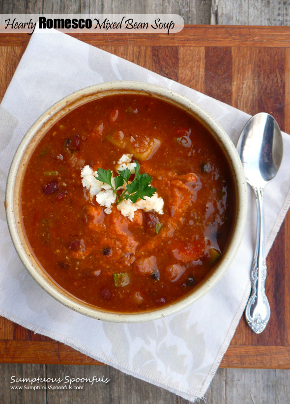 Hearty Romesco Mixed Bean Soup ~ Sumptuous Spoonfuls #cureforthespringblues #soup #recipe