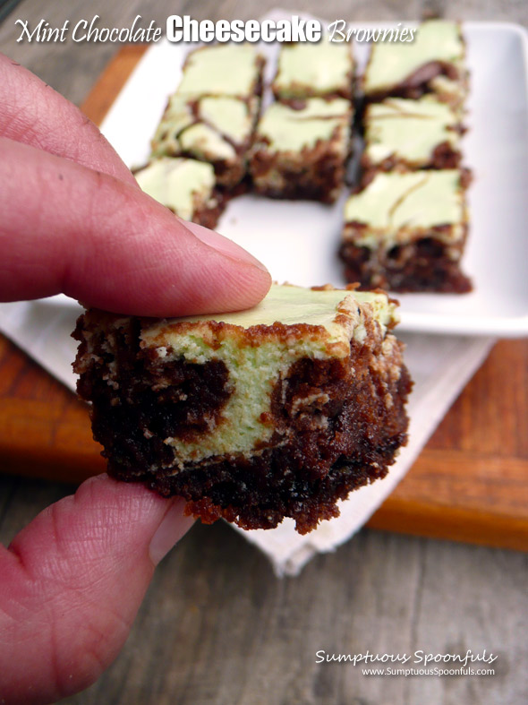 Mint Chocolate Cheesecake Brownies ~ Sumptuous Spoonfuls #decadent #mint #cheesecake #brownie #recipe