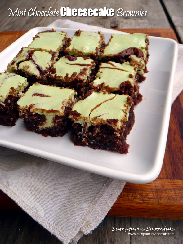 Mint Chocolate Cheesecake Brownies ~ Sumptuous Spoonfuls #decadent #mint #cheesecake #brownie #recipe