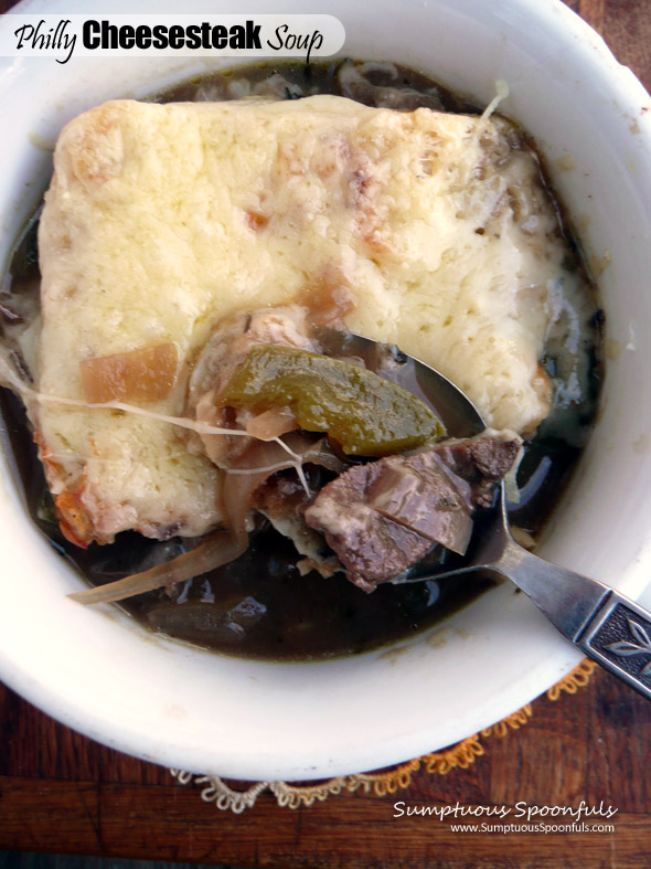 Philly Cheesesteak Soup ~ Sumptuous Spoonfuls #cheesy #beef #pepper & #onion #soup #recipe